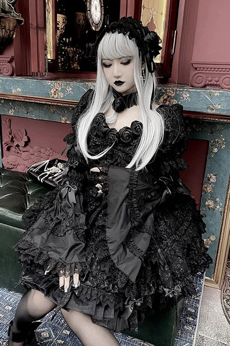 Pure Black Puff Short Sleeves Princess Gothic Lolita Tiered Dress - Product - 4