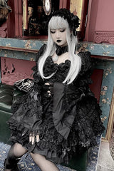 Pure Black Puff Short Sleeves Princess Gothic Lolita Tiered Dress - Product - 4