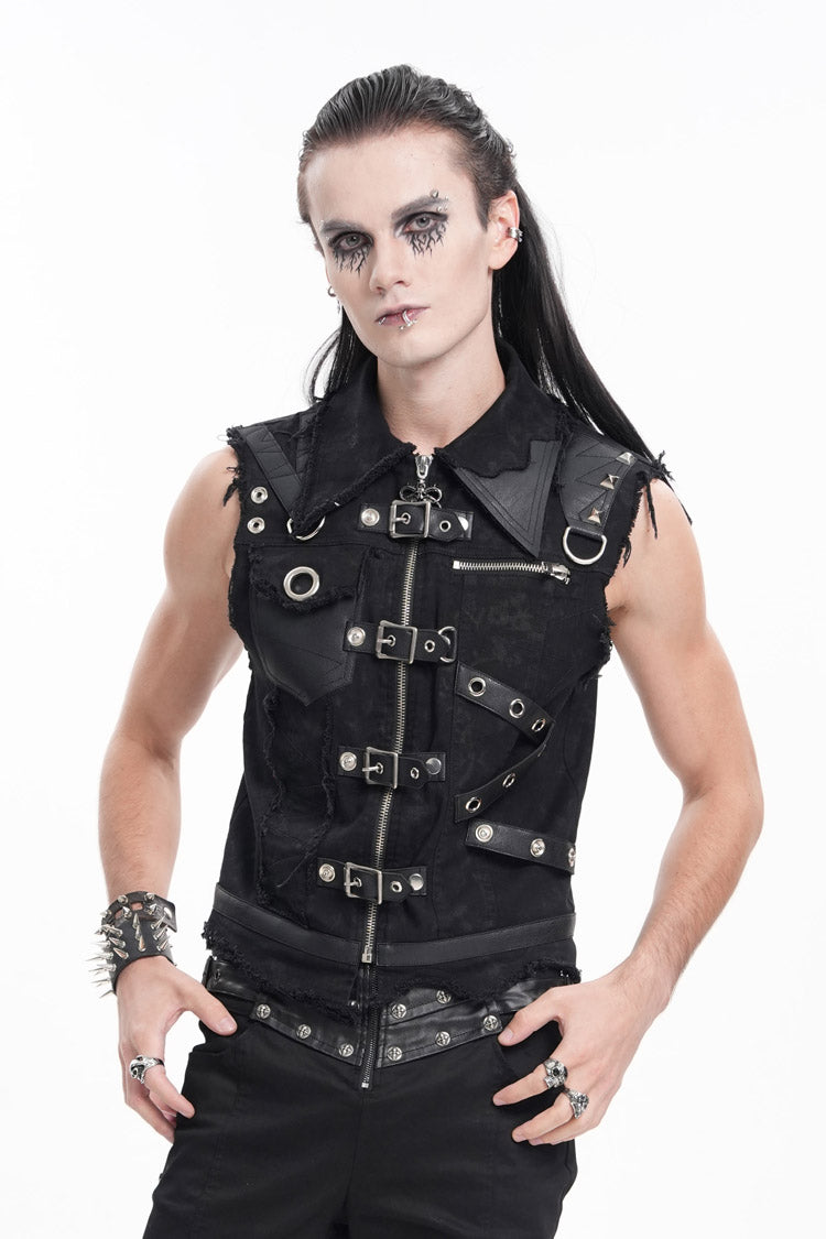 Black Lapel Collar Sleeveless Ripped Buckle Eyelets Men's Gothic Vest - Black - 1