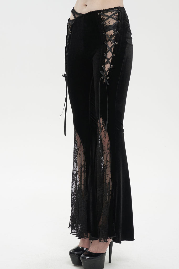 Black Velvet-Paneled Mesh Side-Adjustable Asymmetrical Women's Gothic Leggings - Product - 4