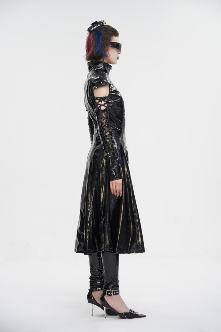 Black Lace Up Mesh Splice Patent Leather Long Women's Punk Coat - Product - 4