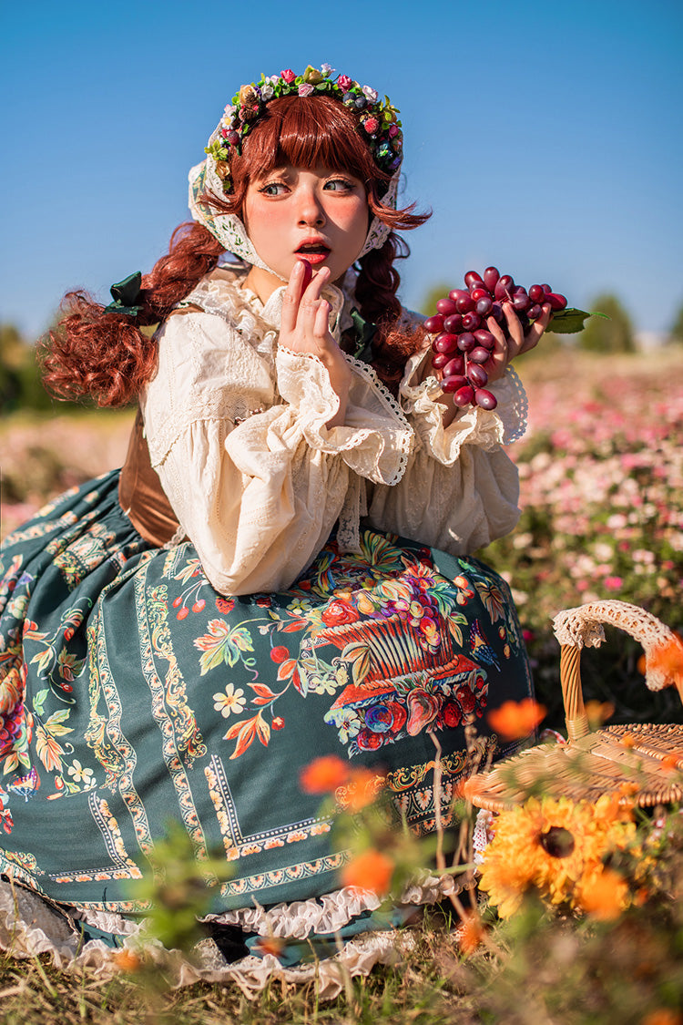 Green [Ode to Plenty] Berries and Birds Print Ruffle Bowknot Velvet Classic Lolita Breast Support Jsk Dress - Product - 12