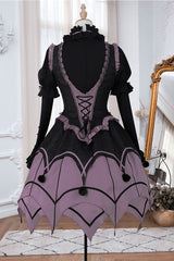 Black / Purple Round Collar Ruffled Long Sleeves Waist Irregular Hem Imp Sweet Lolita OP Dress Full Set - Product - 10