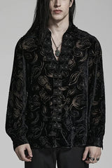 Piranha Print Lapel Collar Long Sleeves Mens Gothic Blouse 2 Colors - Black - 1