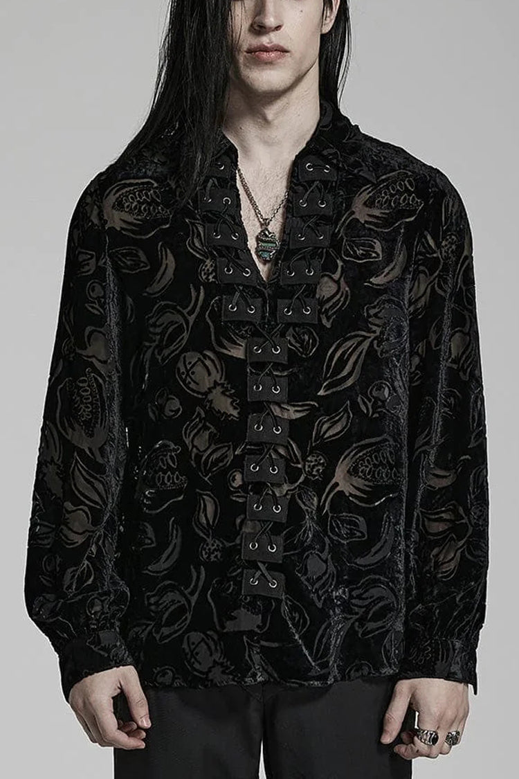 Piranha Print Lapel Collar Long Sleeves Mens Gothic Blouse 2 Colors - Black - 1