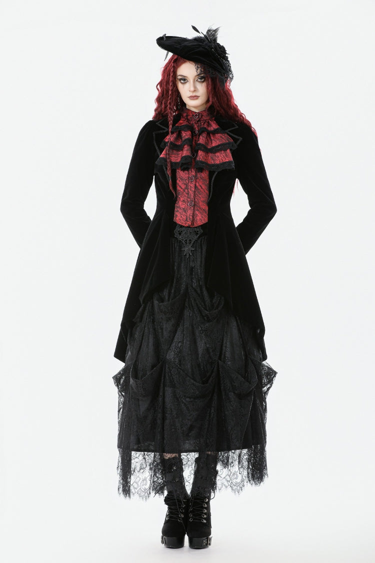 Black/Red Peak Lapel Collar Long Sleeves Multi-Layered Lace Mock Two-piece Women's Gothic Tailcoat - Black/Red - 1