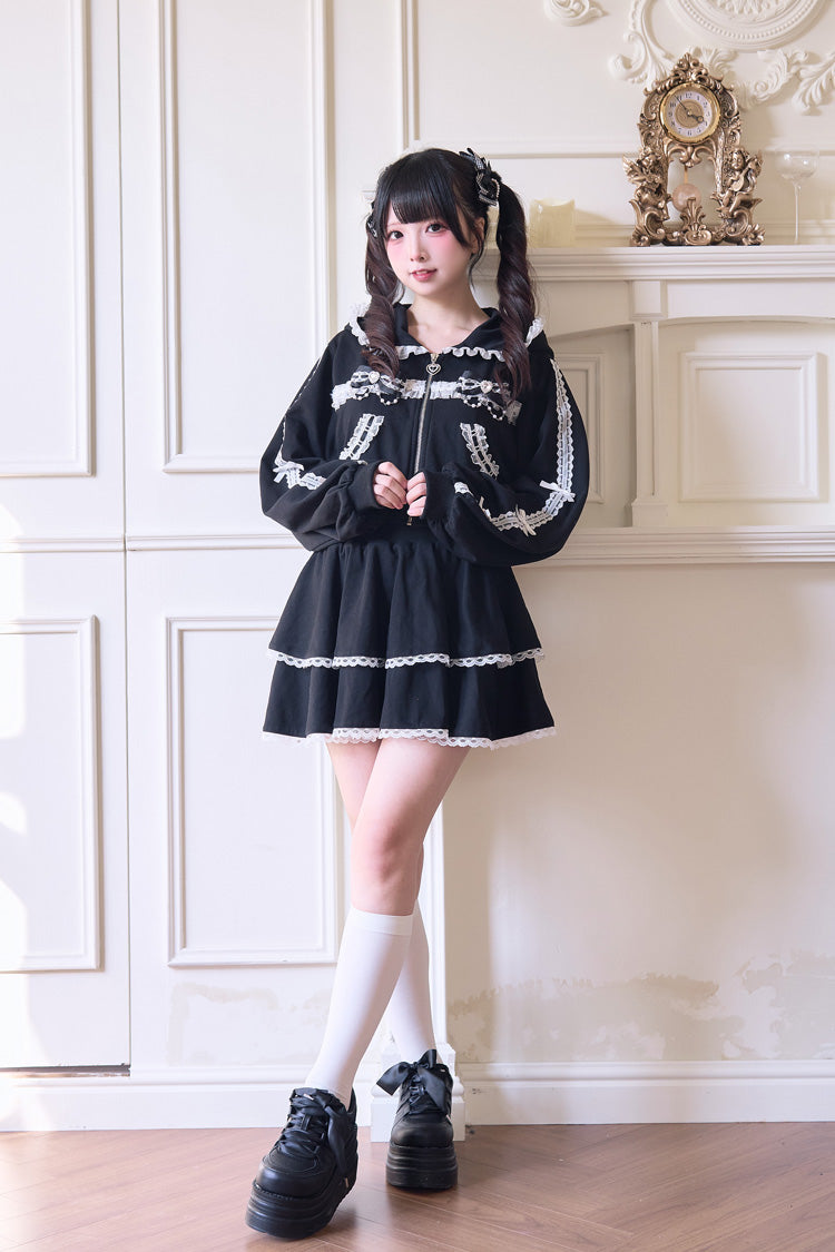Sweet Long Sleeves Bowknot Lace Hooded Jirai Kei Hoodie Skirt Set 3 Colors - image 5