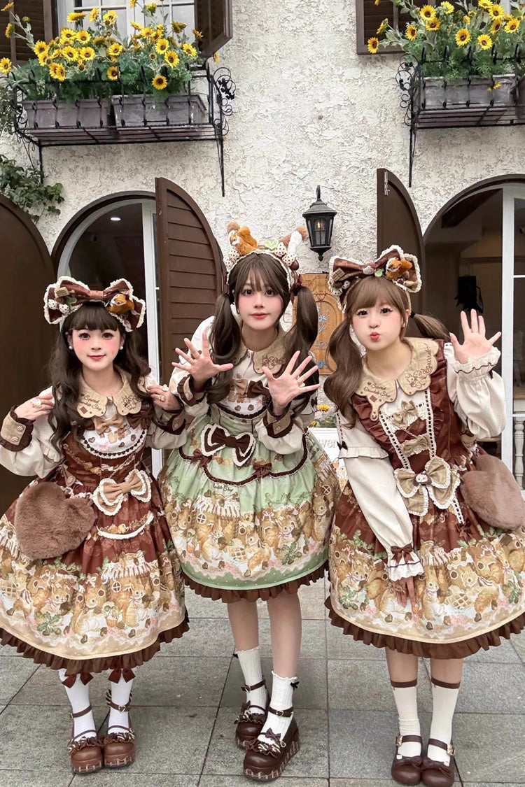 Green [Squirrel Chocolate Shop] Doll Collar Long Sleeves Printed Ruffled Bow Sweet Lolita Dress - Product - 2
