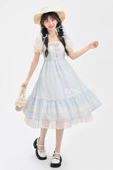 Blue Short Sleeves Embroidery Bowknot Lace Sweet Princess Lolita Dress - Product - 6