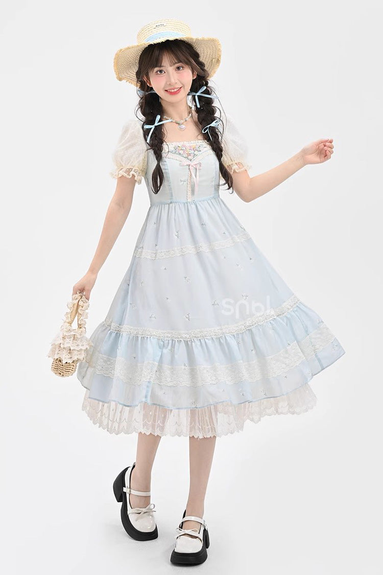 Blue Short Sleeves Embroidery Bowknot Lace Sweet Princess Lolita Dress - Product - 6