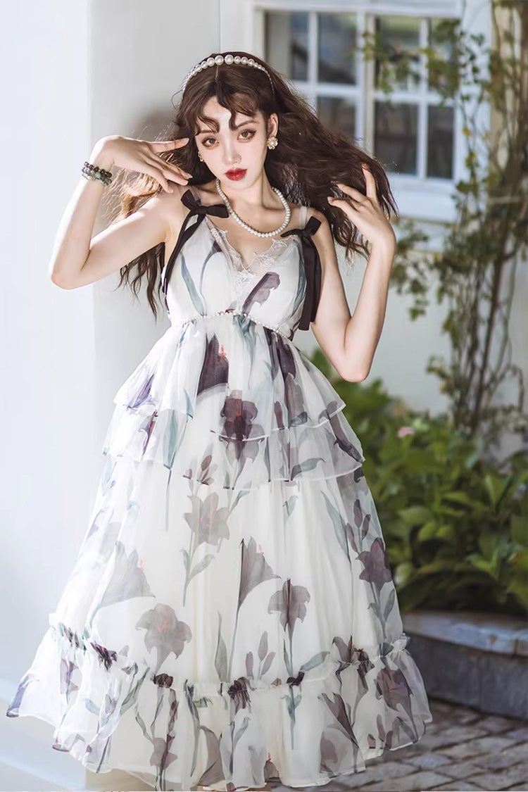 Ivory [Black Lily] V Collar Sleeveless Multi-Layered Printed Ruffled Bow Sweet Lolita Jsk Dress - Ivory - 1
