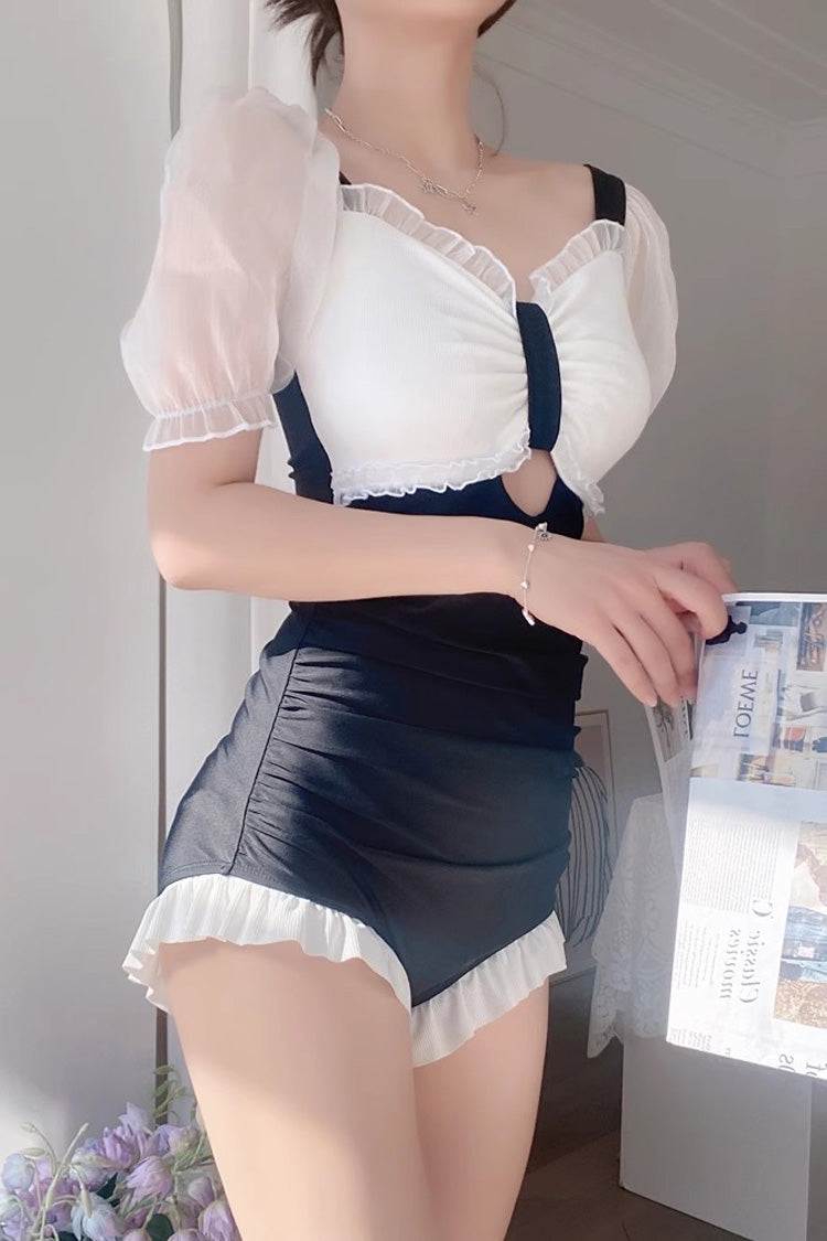 Black/White Short Sleeves Ruffle Cute Sweet Lolita Strapless One Piece Swimsuit - Black/White - 1