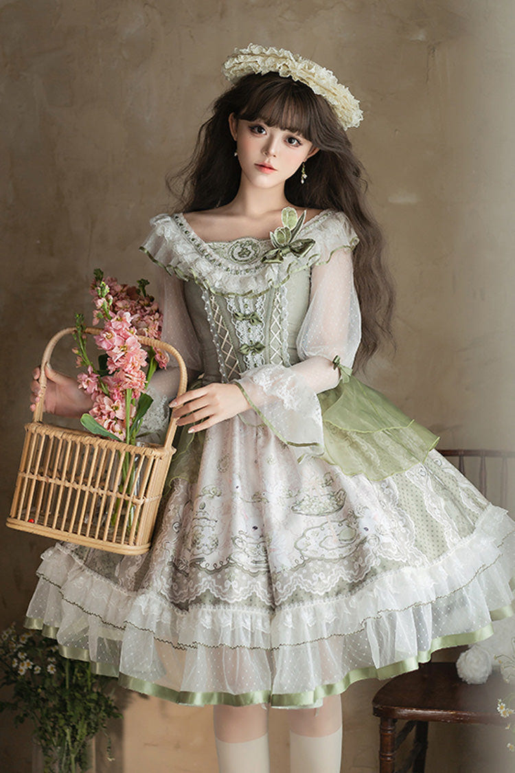Green [Teacup Rabbit Little Fresh] Print Ruffle Bowknot Lace Lace-Up Sweet Lolita OP Dress - Green - 1