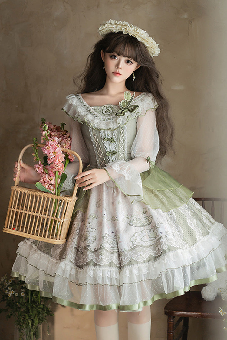 Green [Teacup Rabbit Little Fresh] Print Ruffle Bowknot Lace Lace-Up Sweet Lolita OP Dress - Green - 1