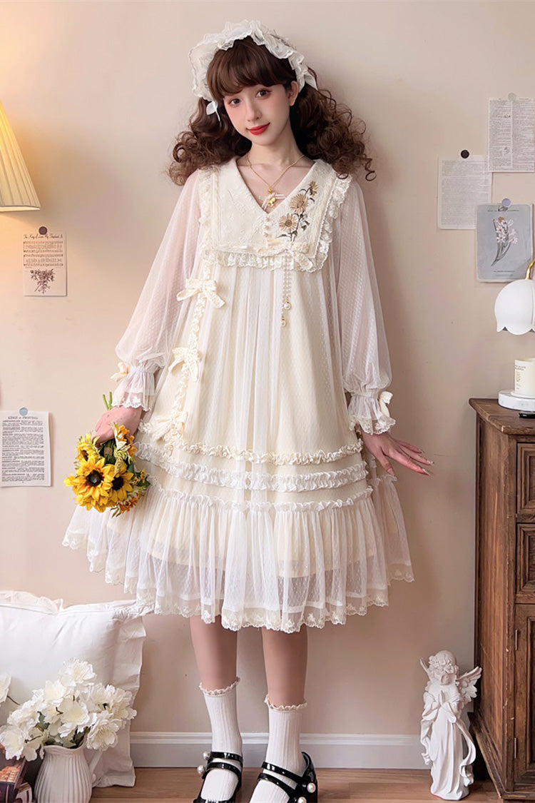 Ivory [Sunflower Diary] Long Sleeves Ruffle Embroidery Bowknot Lace Chiffon Sweet Princess Lolita Dress - Product - 13