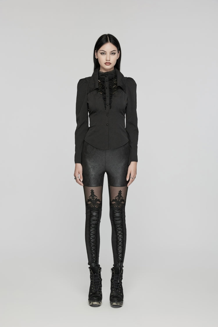 Black Long Puff Sleeves Stitching Lace Women's Gothic Blouse - Product - 5