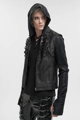 Black Front And Rear String Micro Stretch Cotton Stand Collar Men's Punk Vest - Product - 4
