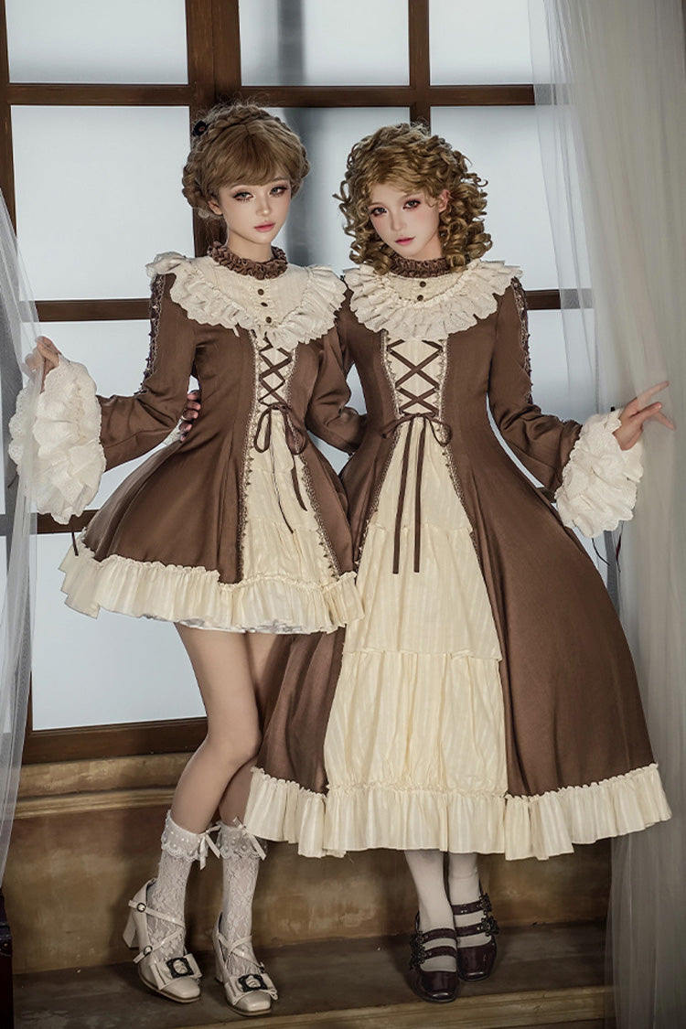 Brown/Beige [Nutcracker] Stand Collar Long Trumpet Sleeves Ruffle Cardigan Bowknot Lace-Up Sweet Lolita Dress Set 2 Versions - Brown/Beige - 1