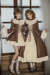 Brown/Beige [Nutcracker] Stand Collar Long Trumpet Sleeves Ruffle Cardigan Bowknot Lace-Up Sweet Lolita Dress Set 2 Versions - Brown/Beige - 1