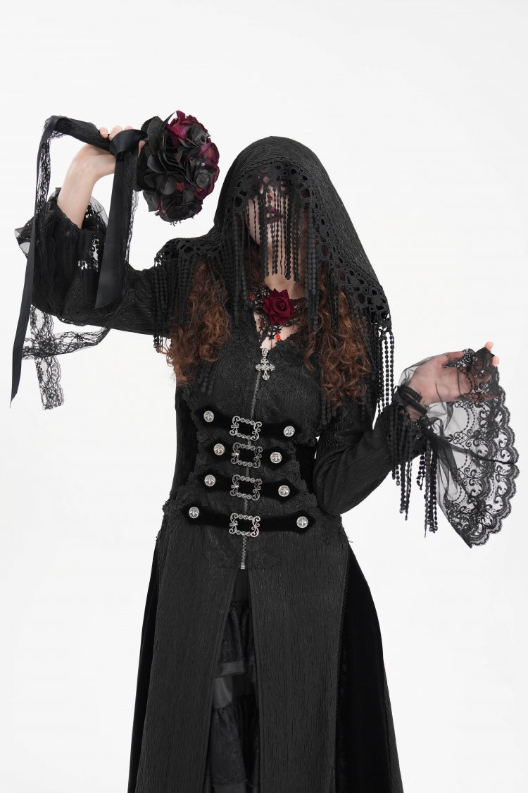 Black Buckle-up Tassels Hooded Women's Gothic Coat - Product - 10