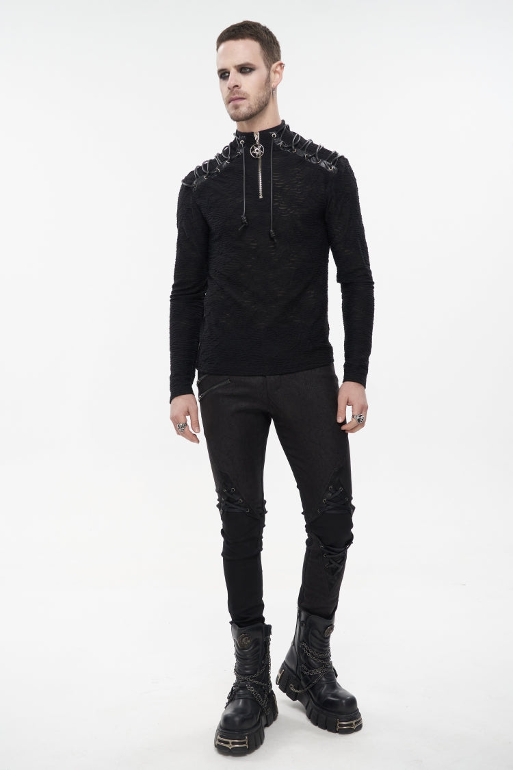 Black Punk High Collar Long Sleeve Stitched Metal Lace-Up Pentagram Hollow Texture Design Men's T-Shirt - Product - 6