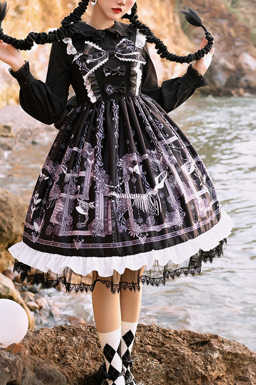 Front And Back Big Bows Passing Dream Pattern Print Gothic Lolita JSK Dress - Black - 1