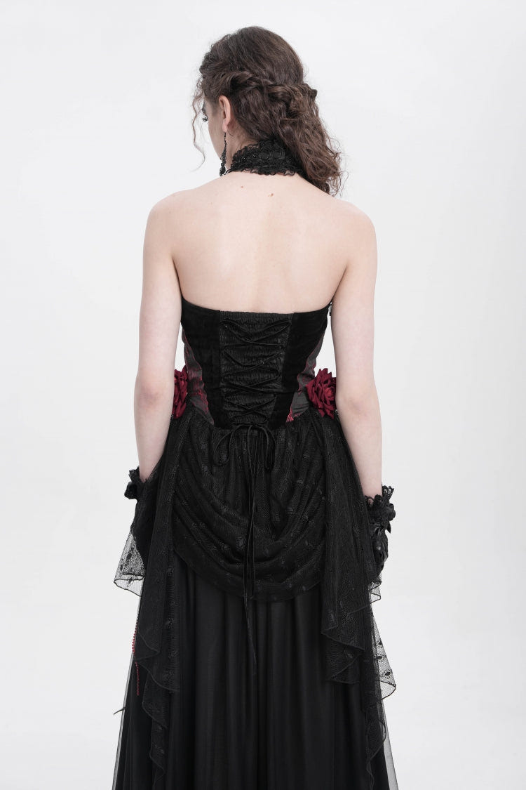 Red Halterneck Sleeveless Embroidery Stitching Rose Heart Lace Women's Gothic Blouse - Product - 4