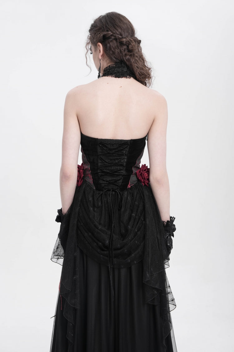 Red Halterneck Sleeveless Embroidery Stitching Rose Heart Lace Women's Gothic Blouse - Product - 4