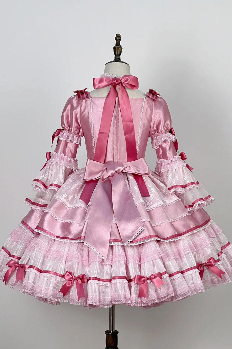 Pink [Velvet Cake] Long Trumpet Sleeves Multi-Layered Ruffle Bowknot Lace Sweet Lolita Dress - Product - 14