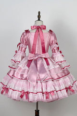 Pink [Velvet Cake] Long Trumpet Sleeves Multi-Layered Ruffle Bowknot Lace Sweet Lolita Dress - Product - 14
