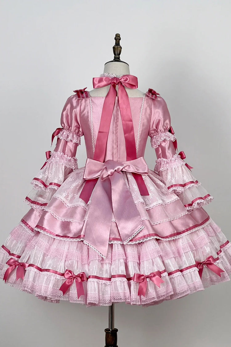 Pink [Velvet Cake] Long Trumpet Sleeves Multi-Layered Ruffle Bowknot Lace Sweet Lolita Dress - Product - 14