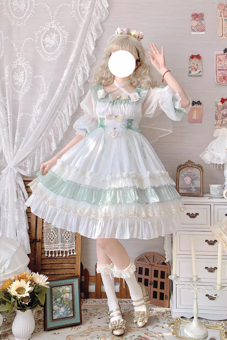 Green [Spring of Boliya] Long Sleeves Multi-Layered Ruffle Bowknot Lace Lace-Up Sweet Princess Lolita Dress - Product - 10