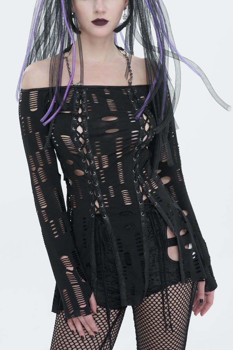 Black Elastic Ripped One Shoulder Rope Style Halter Neck Long Sleeves Women's Gothic T-Shirt - Black - 1
