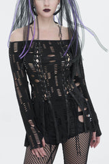 Black Elastic Ripped One Shoulder Rope Style Halter Neck Long Sleeves Women's Gothic T-Shirt - Black - 1