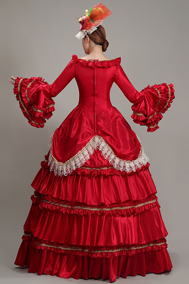 Red Hime Sleeves High Waisted Ruffled Multi-Layer Victorian Lolita Prom Tiered Dress - Product - 4