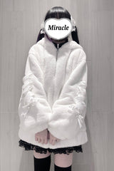 [Sleepy Bear Fluffy] Bear Ears Long Sleeves Bow Lace-Up Hooded Zippered Sweet Jirai Kei Japanese Coat - Product - 11
