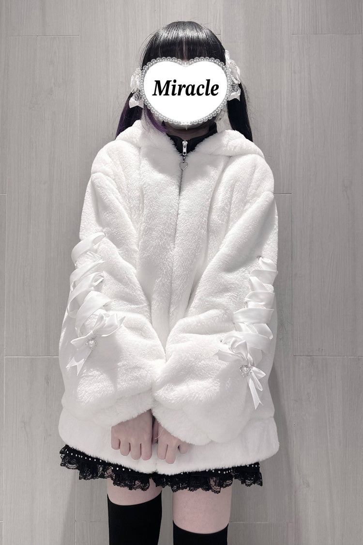 [Sleepy Bear Fluffy] Bear Ears Long Sleeves Bow Lace-Up Hooded Zippered Sweet Jirai Kei Japanese Coat - Product - 11