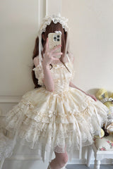 Apricot [Ribbon Heart Love] Sleeveless Multi-Layered Ruffle Bowknot Lace Lace-Up Sweet Princess Ballet Lolita Jsk Dress - Product - 4