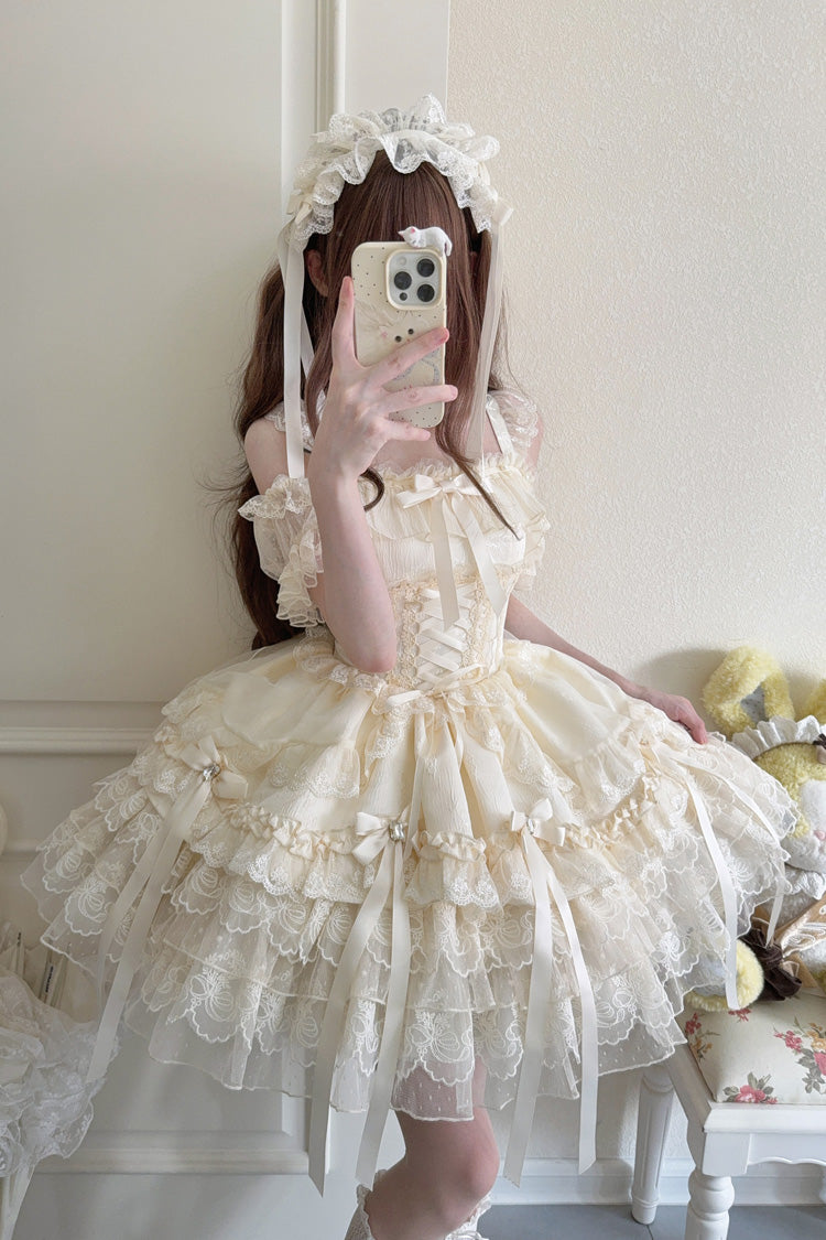 Apricot [Ribbon Heart Love] Sleeveless Multi-Layered Ruffle Bowknot Lace Lace-Up Sweet Princess Ballet Lolita Jsk Dress - Product - 4