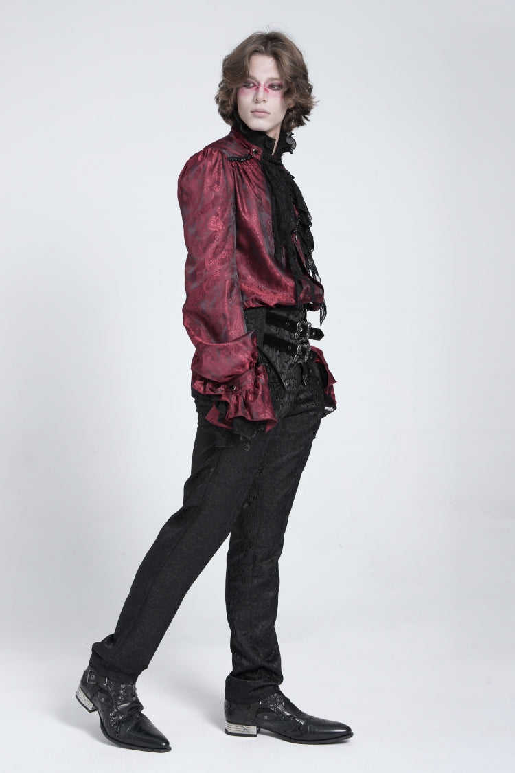 Red Long Puff Sleeves Men's Gothic Blouse with Lace Necktie - Product - 10