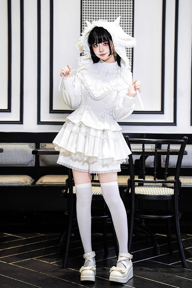 White Long Sleeves Ruffle Lace-Up Sweet Handsome Lolita Dress - Product - 2