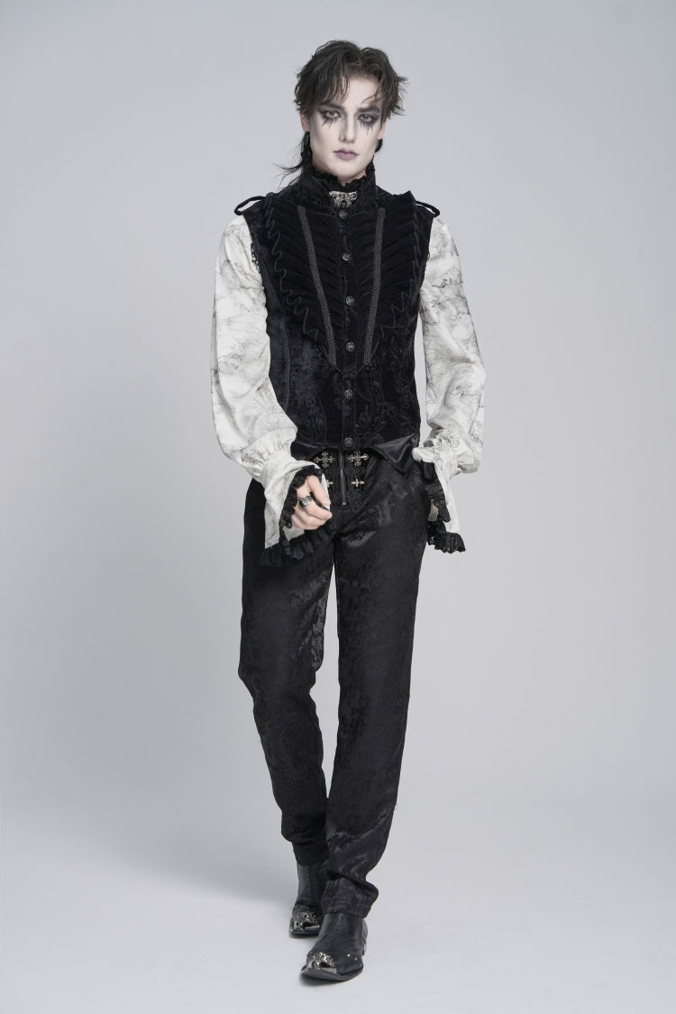 Black Stand Collar Sleeveless Jacquard Embroidered Buckled Pleated Men's Gothic Vest - Product - 3