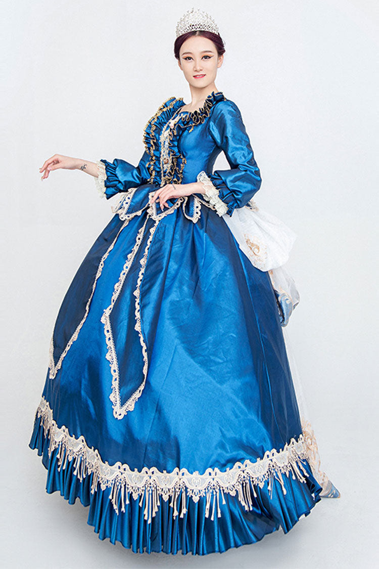 Blue Long Sleeves High Waisted Trailing Ruffled Victorian Lolita Prom Dress - Product - 2