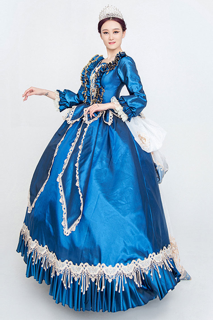 Blue Long Sleeves High Waisted Trailing Ruffled Victorian Lolita Prom Dress - Product - 2