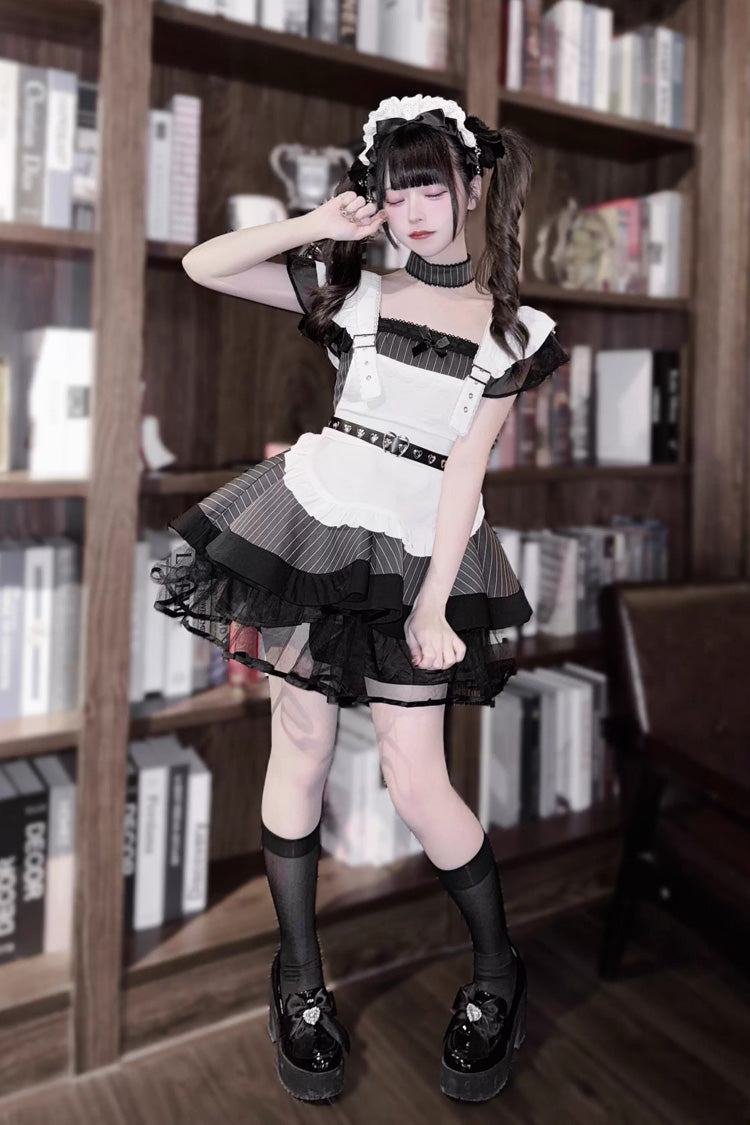 Grey/Black Short Sleeves Stripe Print Ruffle Jirai Kei Dress - Product - 2