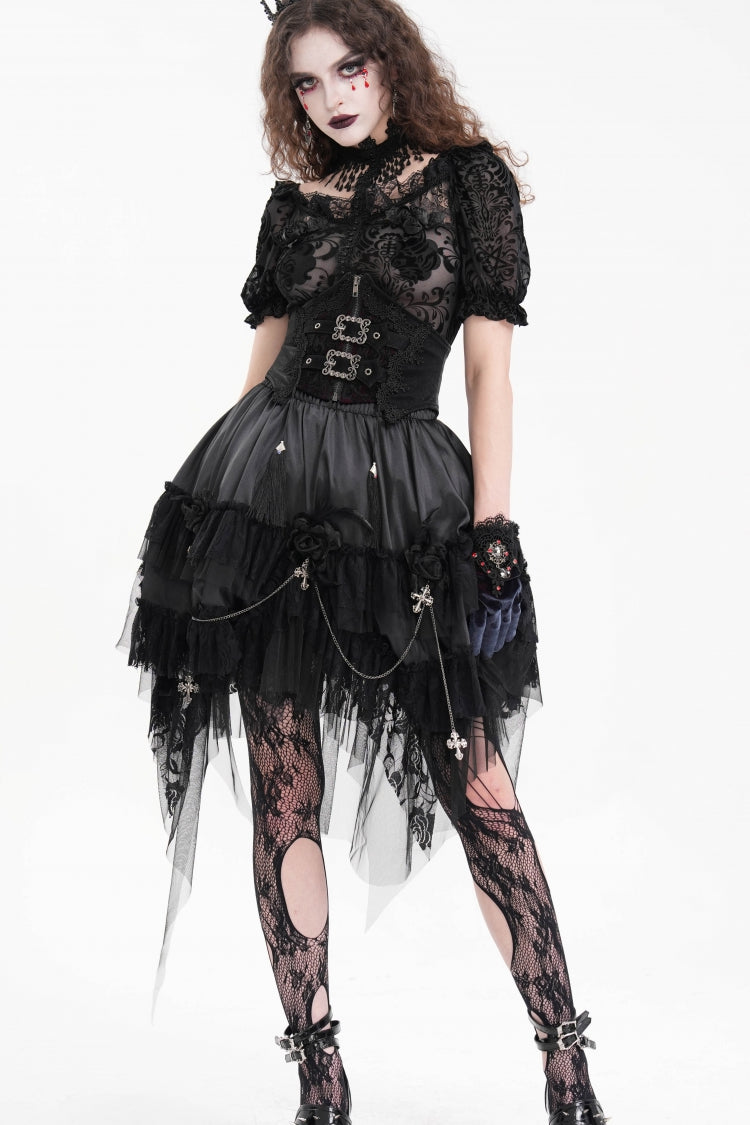 Black Embroidered Lace Lace-Up Slim Fit Zippered Women's Gothic Tassels Luxurious Royal Underbust Corset - Product - 6