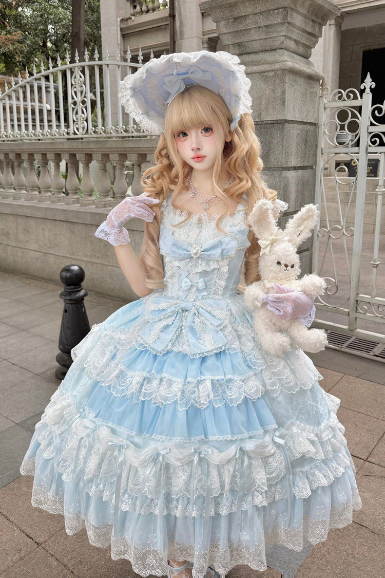 Blue [Eternal Floral Message] Square Collar Sleeveless Multi-Layered Hanayome Embroidered Bow Lace Sweet Lolita Jsk Dress - Blue - 1