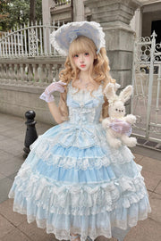 Blue [Eternal Floral Message] Square Collar Sleeveless Multi-Layered Hanayome Embroidered Bow Lace Sweet Lolita Jsk Dress - Blue - 1