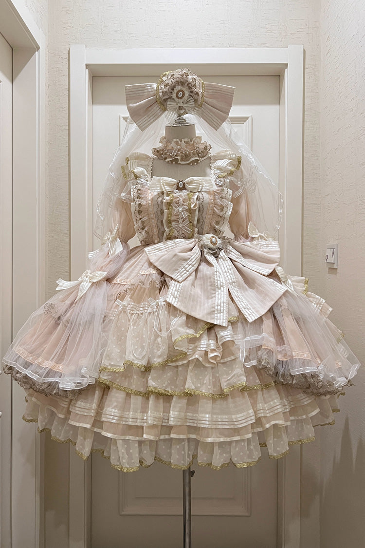 Apricot [Coronation] Long Trumpet Sleeves Multi-Layered Ruffle Bowknot Lace Sweet Gorgeous Lolita Dress Set - Product - 2