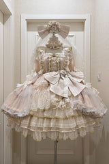 Apricot [Coronation] Long Trumpet Sleeves Multi-Layered Ruffle Bowknot Lace Sweet Gorgeous Lolita Dress Set - Product - 2